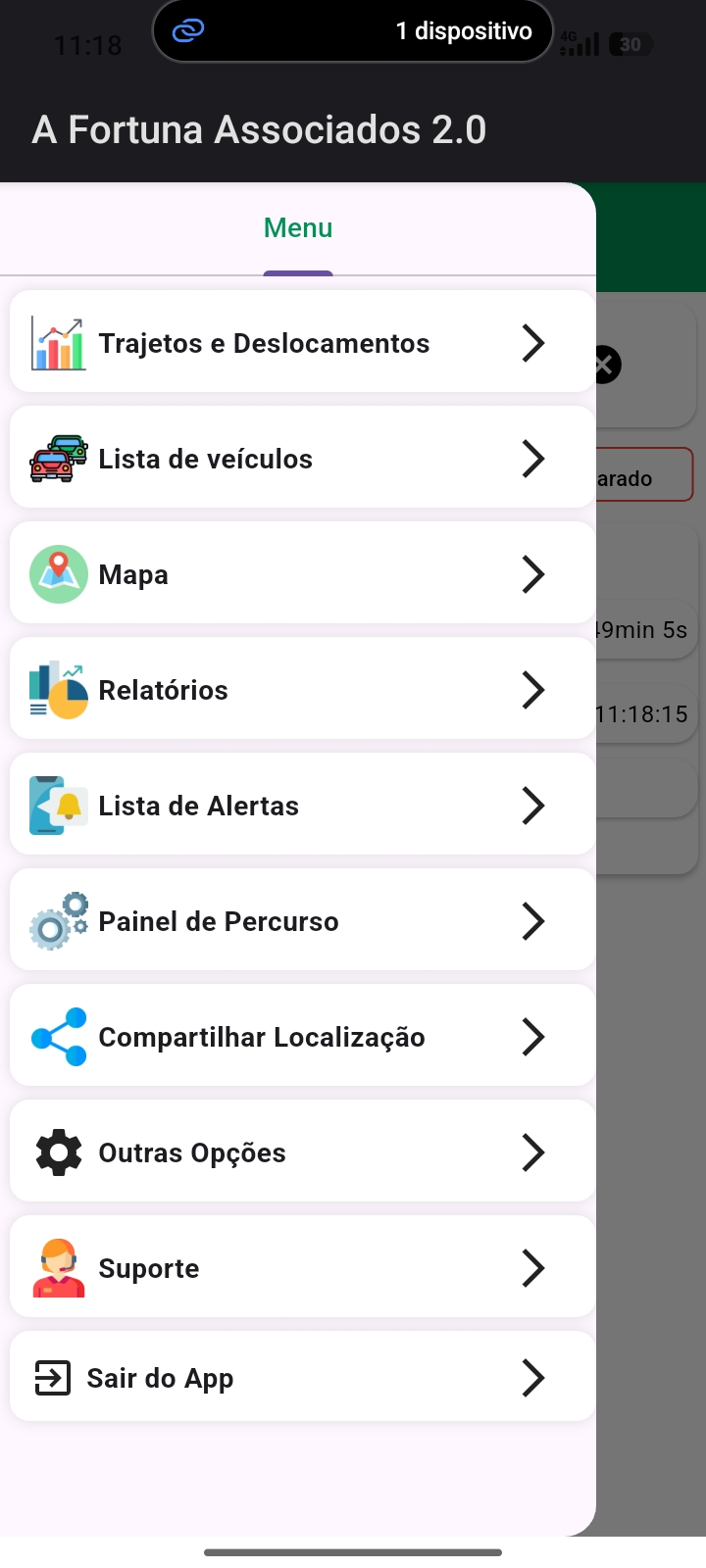Menu de opções do aplicativo Afortuna Associados