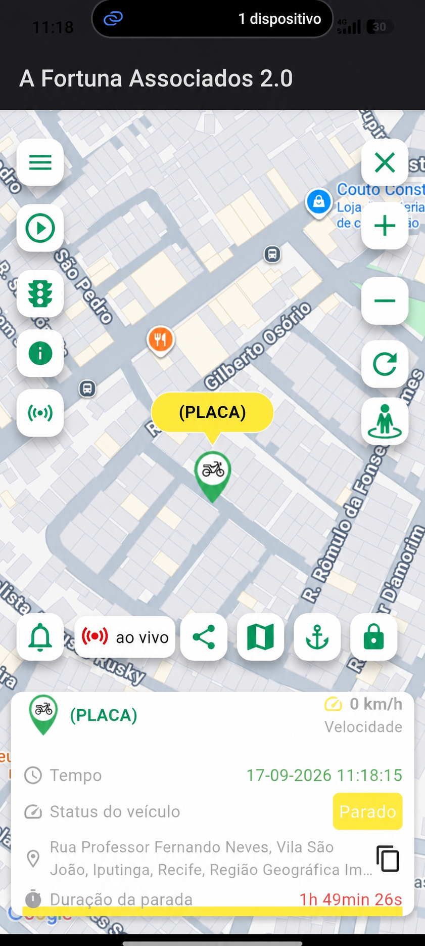 Tela de rastreamento ao vivo do aplicativo Afortuna Associados